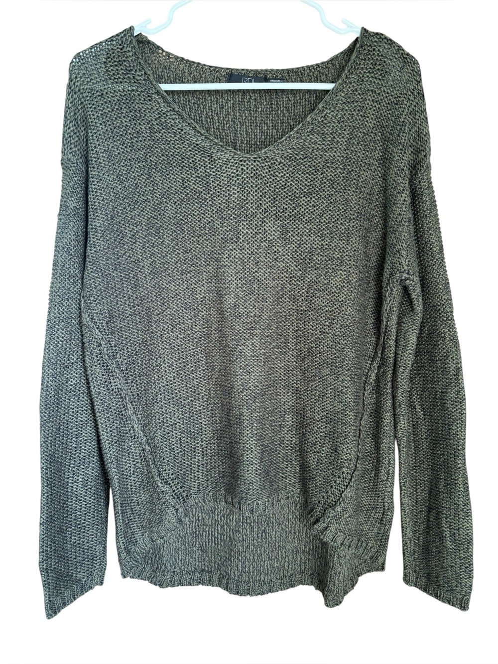RDI Olive‎ Green Knit V-Neck Sweater Brown Elbow Patches Size Medium